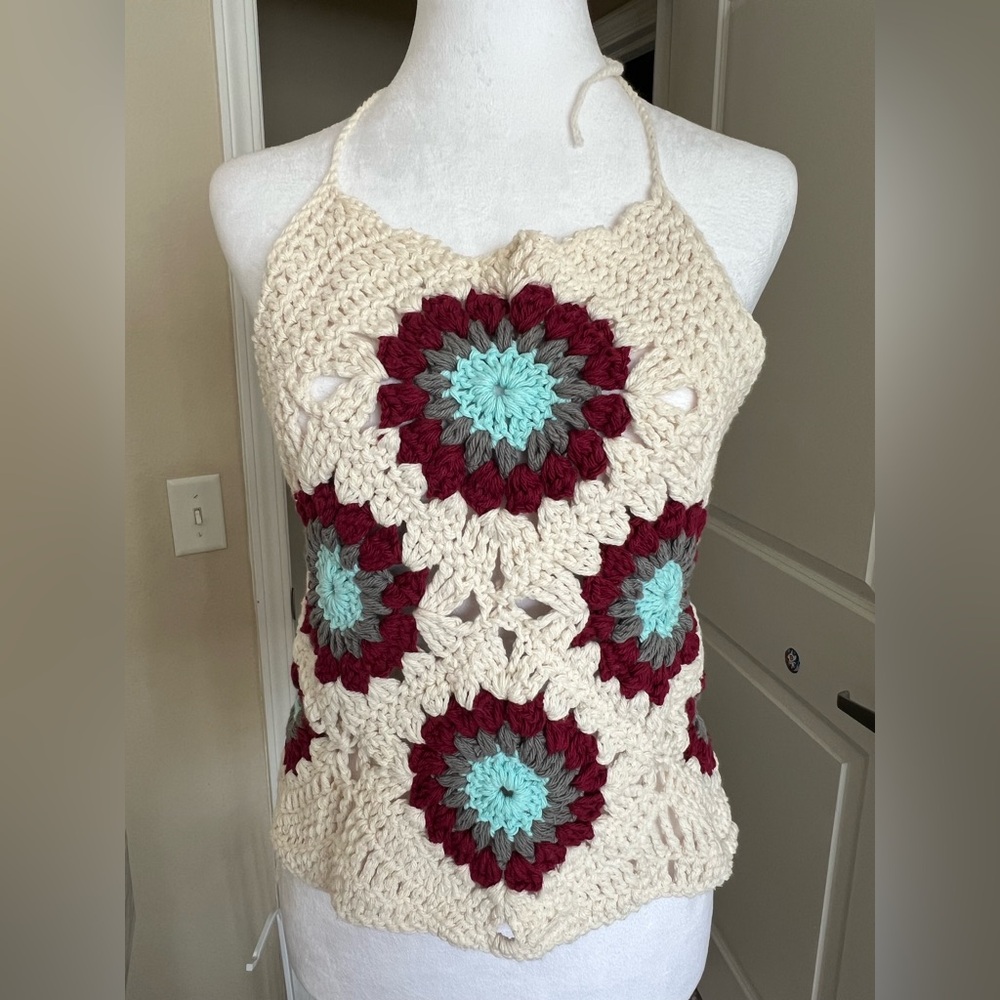 Handmade Crochet Halter Top - Cream, Red, and Blue
